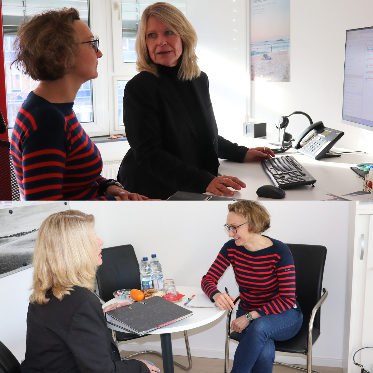 Die ehemalige kaufmännische Leitung Susann Haalck steht mit der neuen Leitung Julia Martynenko am Tisch vor einem Computer.